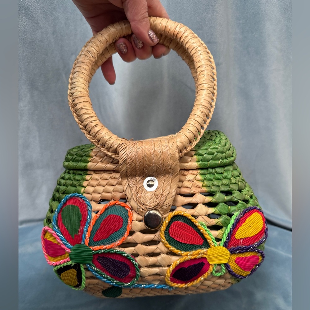 Woven Handbag with Colorful Butterfly Design - Picture 2 of 7